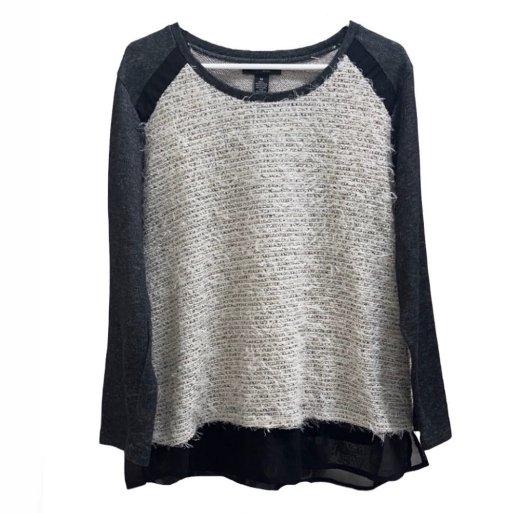 Style & Co. from Macy’s mixed media sweater with sheer trim.